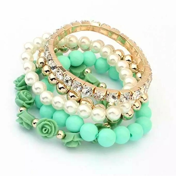 Five-piece gold-plated Crystal Teal Pearl stacked flower bracelets BOGO - Picture 14 of 15